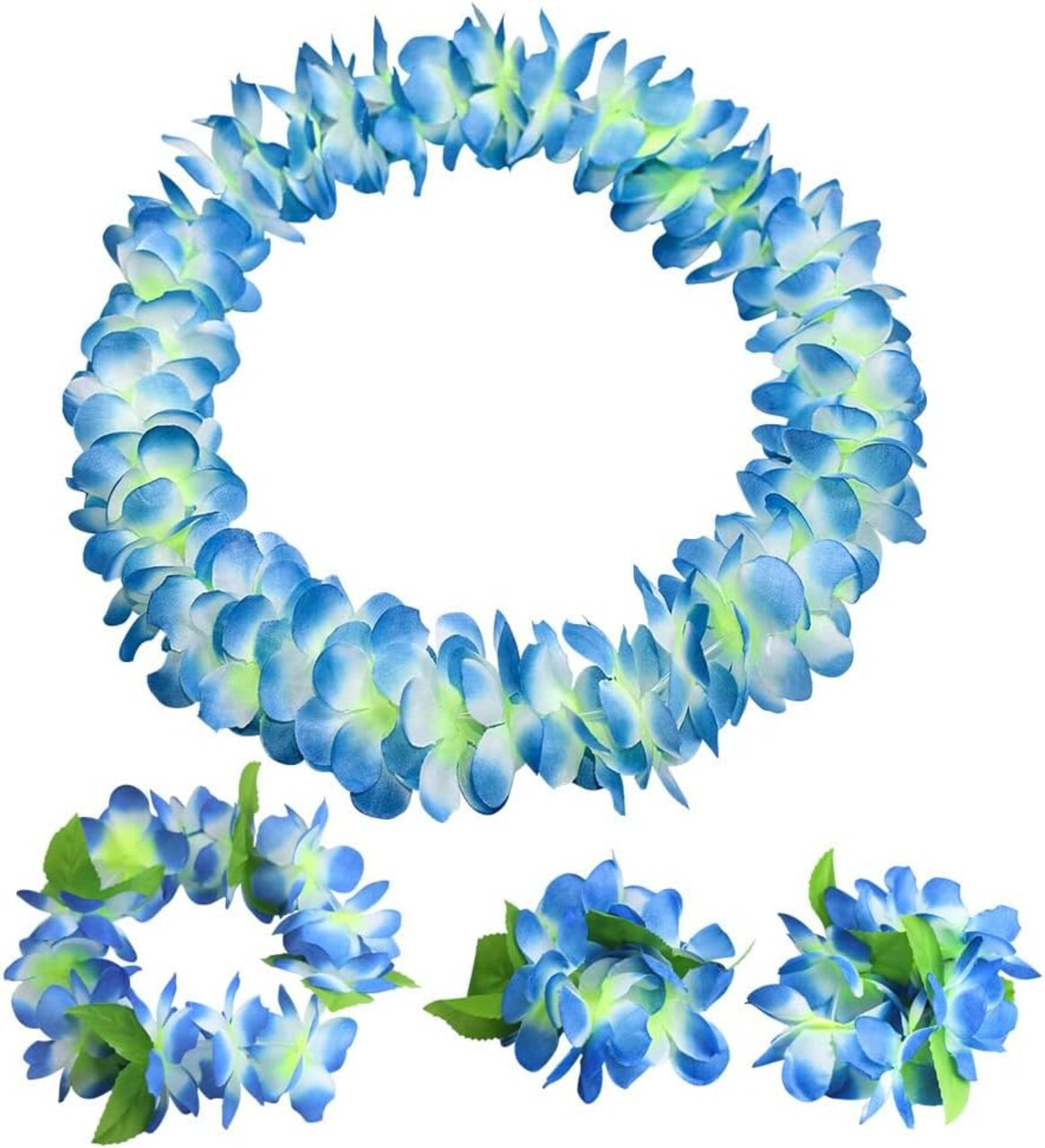 Hawaiian Leis set,Thickened Artificial Flower Luau Necklace Bracelet Headband Garland Lei Set for Tropical Beach Theme Party Decoration Costume Supplies (Blue)